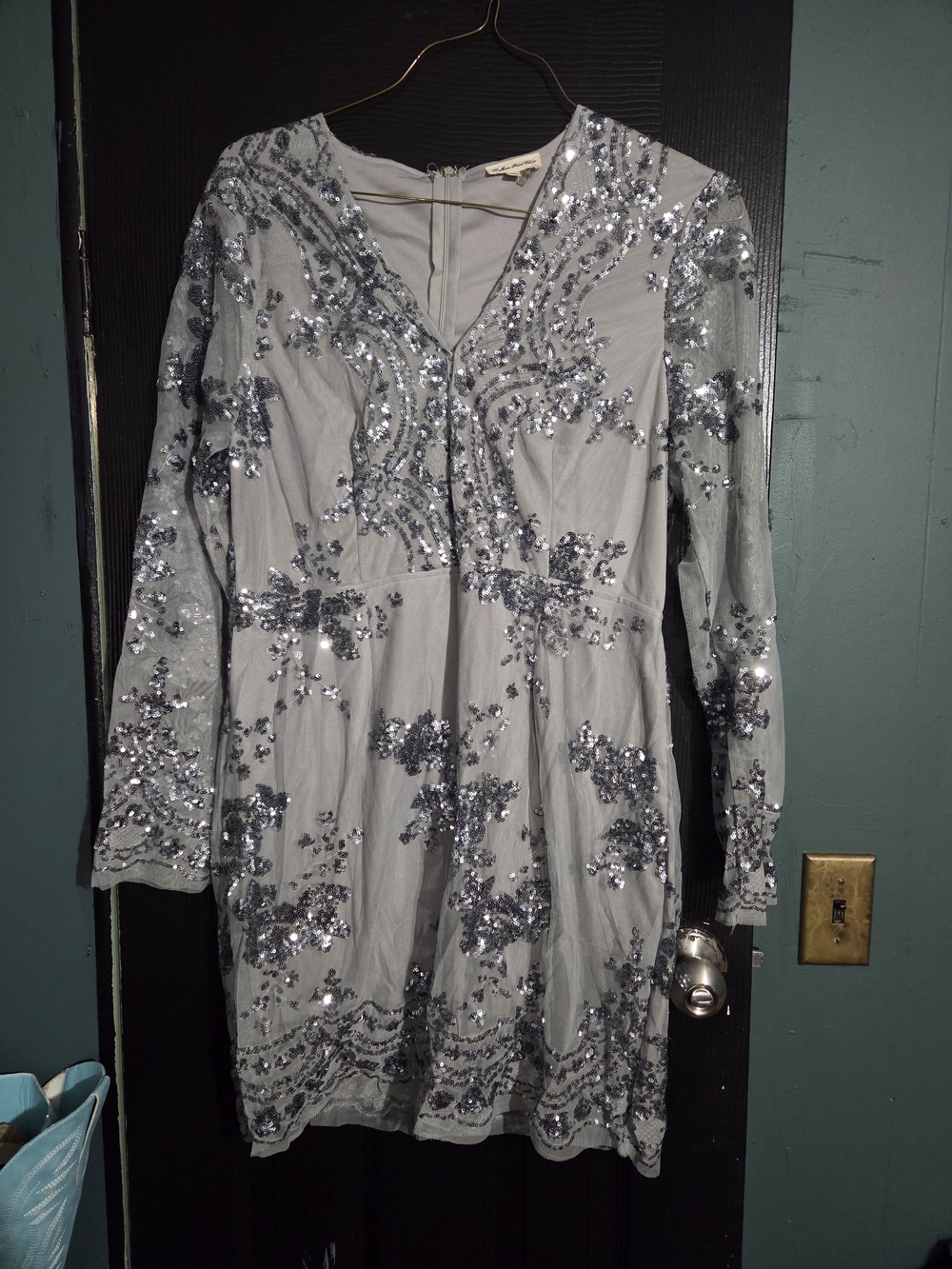 Silver Sequin Embellished V-Neck Women’s Dress